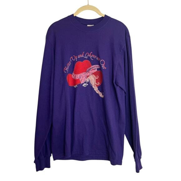 Red Hat Society Purple Long Sleeve Tee M Hatter Up Graphic Western Cowgirl Shirt - Picture 1 of 5